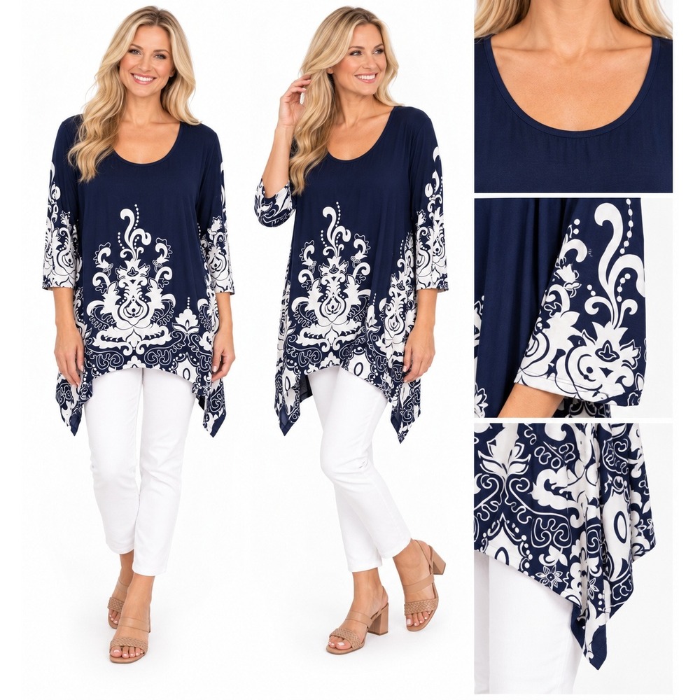 White Mark Tunic 3XL Navy White Damask Sharkbite Hem 3/4 Sleeve Plus Boho